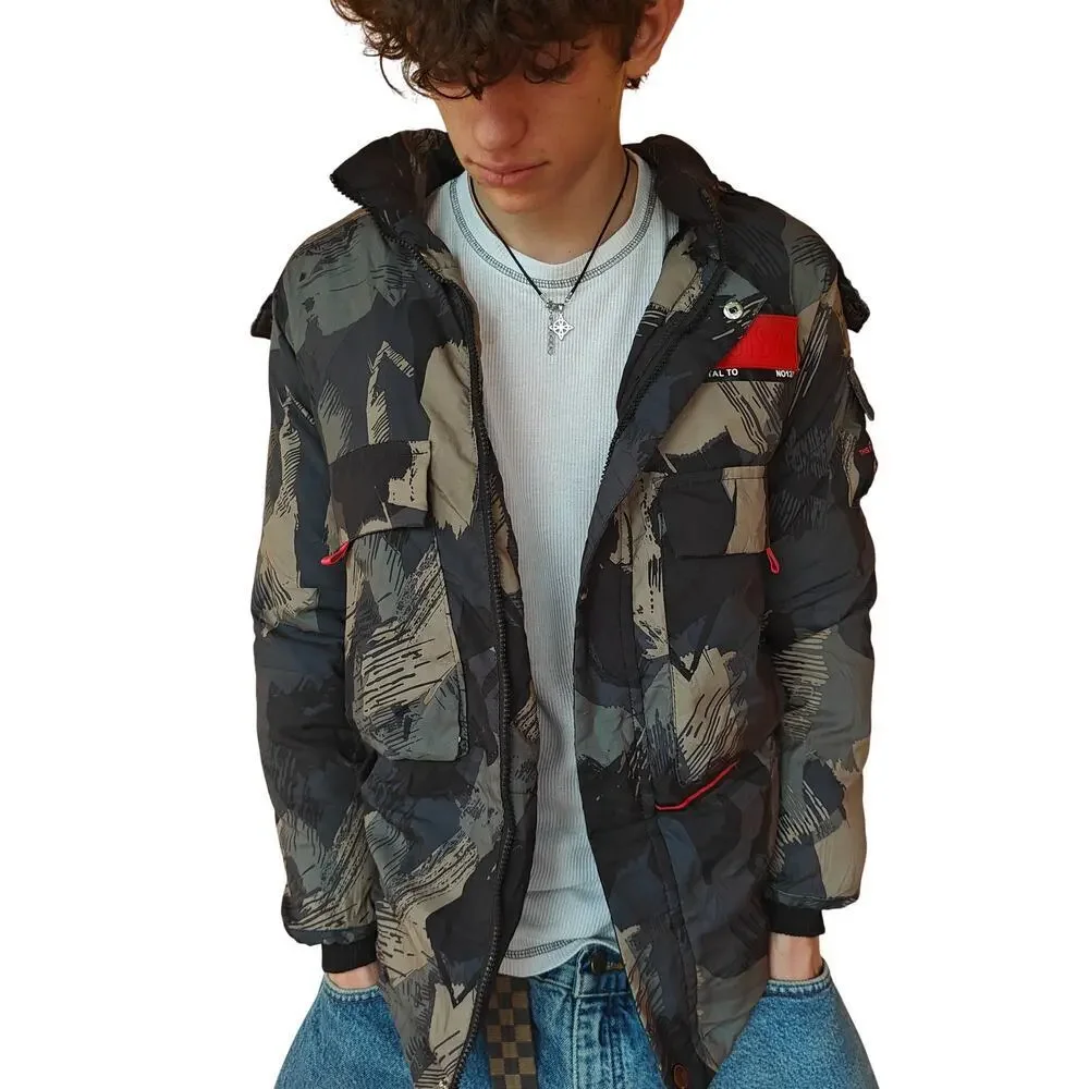 Hooded Abstract Camo Puffer Jacket Red Accents Unbranded 160 (20x28)